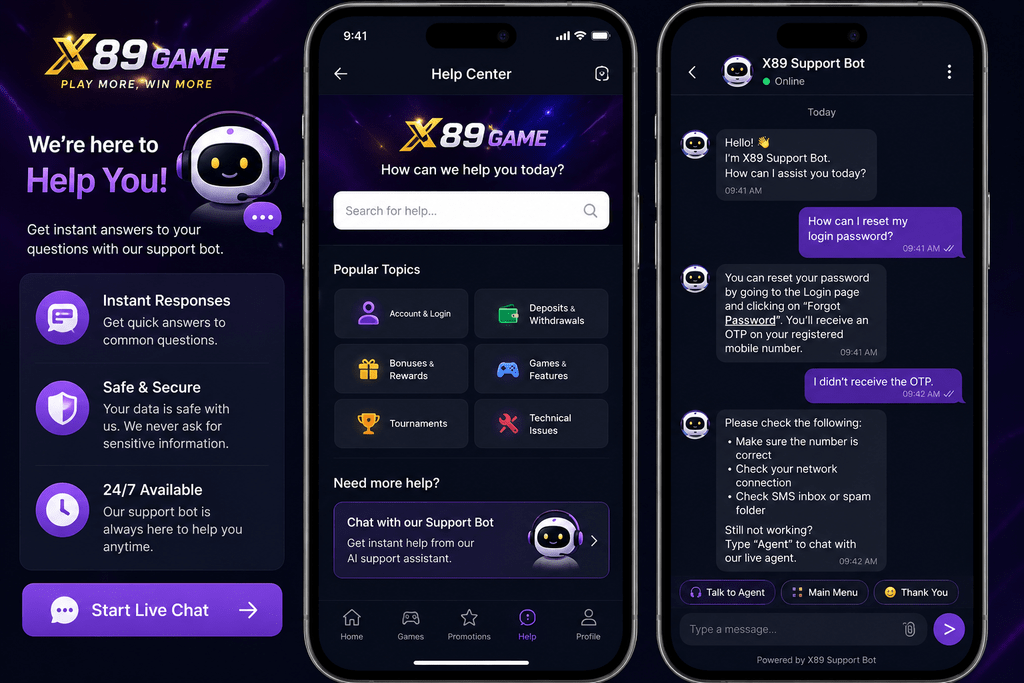 X89 Game FAQ mobile help and support interface