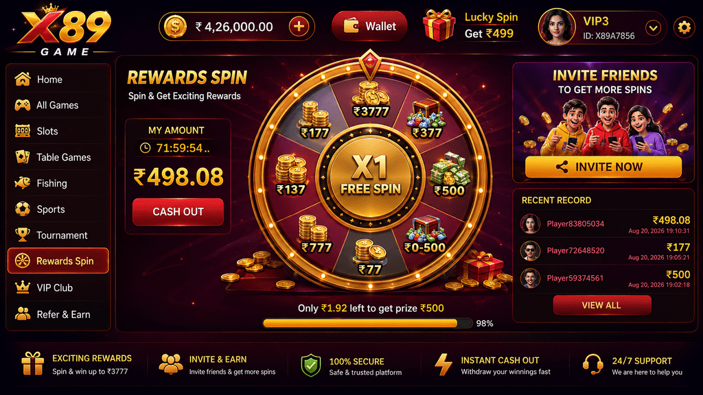 X89 Game rewards spin interface on mobile